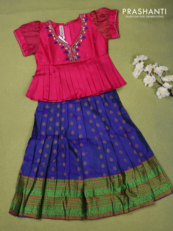 Pure silk kids lehenga pink and blue with beaded work neck pattern pattern and puff sleeve & zari woven border for 4 years