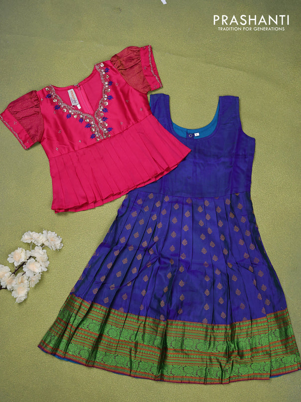 Pure silk kids lehenga pink and blue with beaded work neck pattern pattern and puff sleeve & zari woven border for 4 years