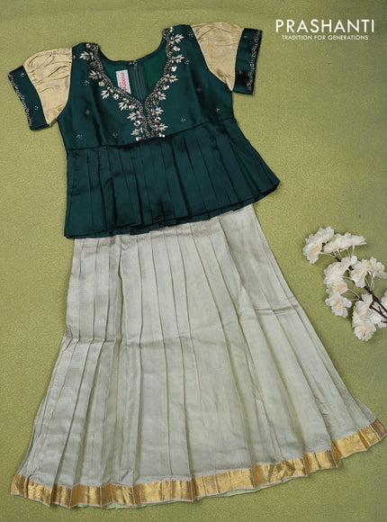 Pure silk kids lehenga dark green and pastel green with beaded work neck pattern pattern and puff sleeve & zari woven border for 4 years