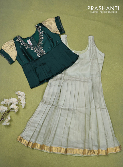 Pure silk kids lehenga dark green and pastel green with beaded work neck pattern pattern and puff sleeve & zari woven border for 4 years