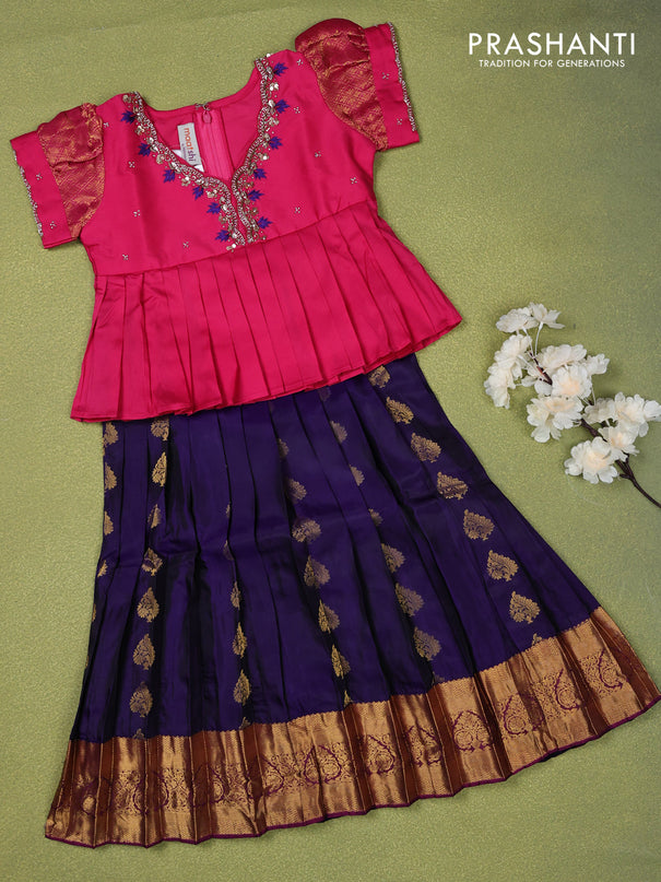 Pure silk kids lehenga pink and violet with beaded work neck pattern pattern and puff sleeve & zari woven border for 4 years