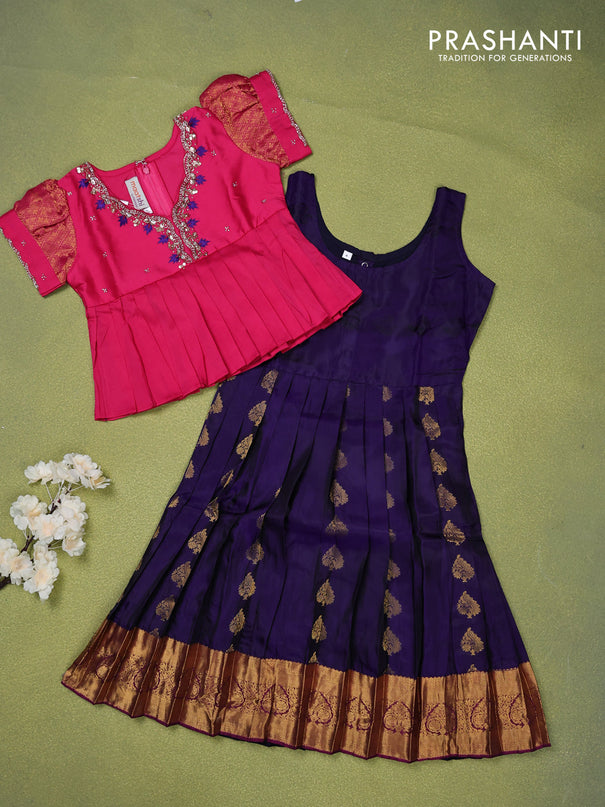 Pure silk kids lehenga pink and violet with beaded work neck pattern pattern and puff sleeve & zari woven border for 4 years