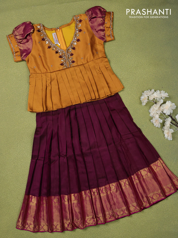 Pure silk kids lehenga mustard yellow and maroon with beaded work neck pattern pattern and puff sleeve & zari woven border for 4 years