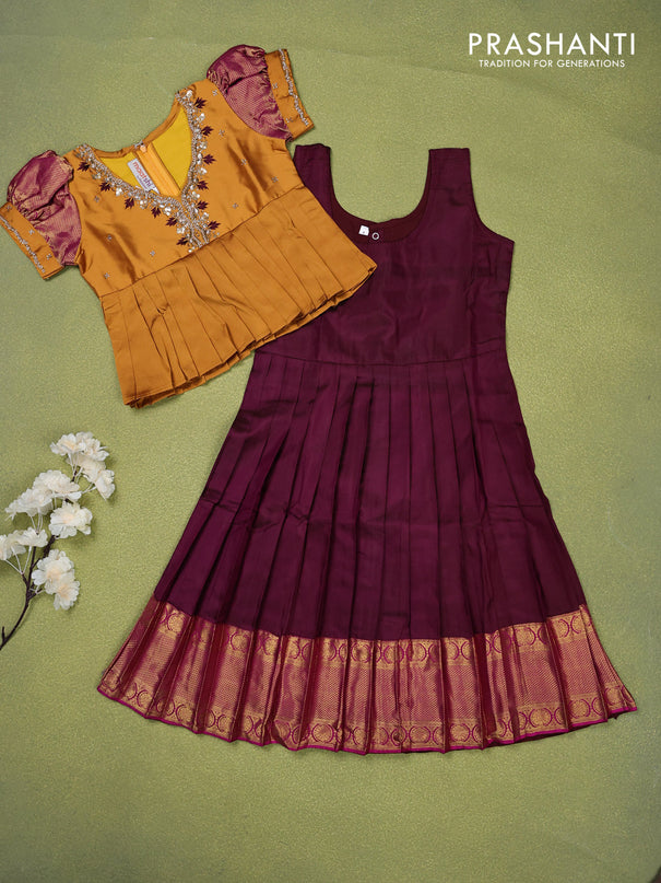 Pure silk kids lehenga mustard yellow and maroon with beaded work neck pattern pattern and puff sleeve & zari woven border for 4 years