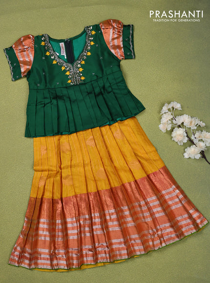 Pure silk kids lehenga green and mustard shade with beaded work neck pattern pattern and puff sleeve & zari woven border for 4 years