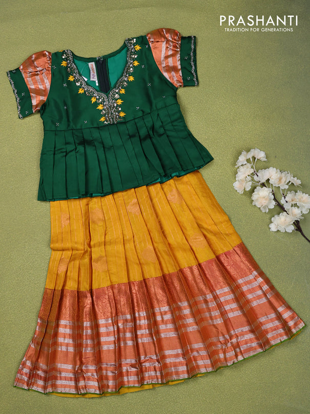 Pure silk kids lehenga green and mustard shade with beaded work neck pattern pattern and puff sleeve & zari woven border for 4 years