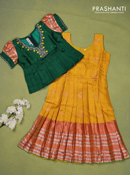 Pure silk kids lehenga green and mustard shade with beaded work neck pattern pattern and puff sleeve & zari woven border for 4 years