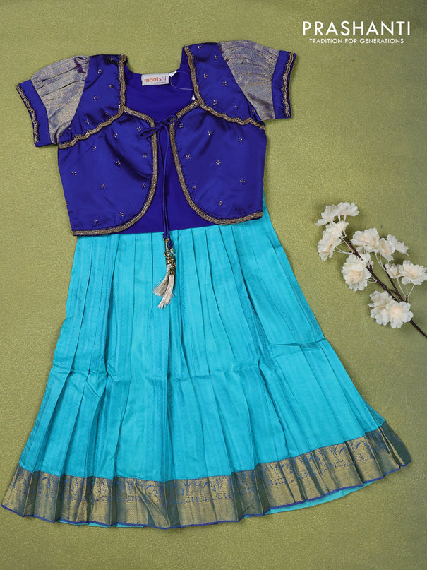 Pure silk kids lehenga blue and teal blue with beaded work & coat type pattern and puff sleeve & zari woven border for 4 years