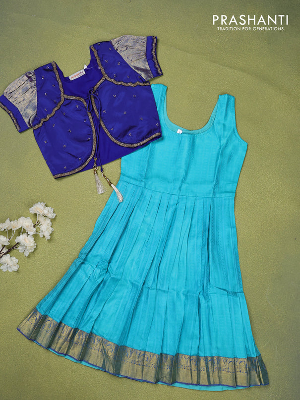 Pure silk kids lehenga blue and teal blue with beaded work & coat type pattern and puff sleeve & zari woven border for 4 years
