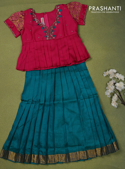 Pure silk kids lehenga pink and teal green with beaded work neck pattern and puff sleeve & zari woven border for 5 years