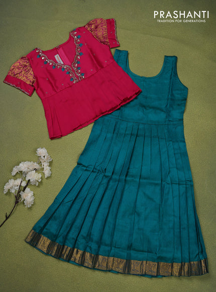 Pure silk kids lehenga pink and teal green with beaded work neck pattern and puff sleeve & zari woven border for 5 years