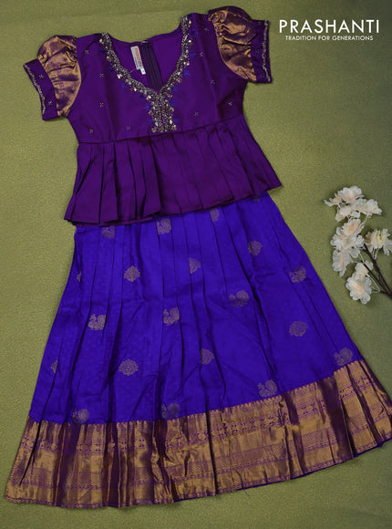 Pure silk kids lehenga violet and blue with beaded work neck pattern and puff sleeve & zari woven border for 5 years