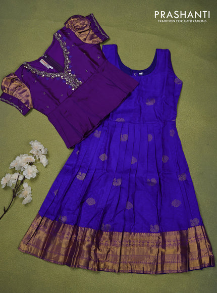 Pure silk kids lehenga violet and blue with beaded work neck pattern and puff sleeve & zari woven border for 5 years