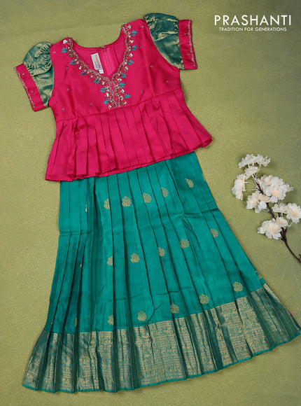 Pure silk kids lehenga pink and green with beaded work neck pattern and puff sleeve & zari woven border for 5 years