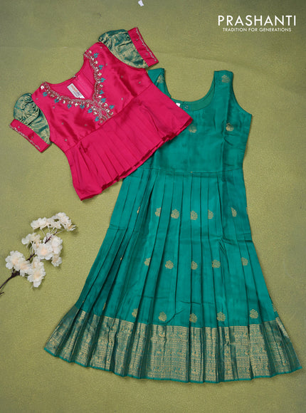 Pure silk kids lehenga pink and green with beaded work neck pattern and puff sleeve & zari woven border for 5 years