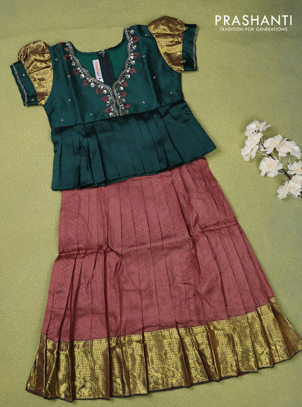 Pure silk kids lehenga dark green and brown with beaded work neck pattern and puff sleeve & zari woven border for 5 years