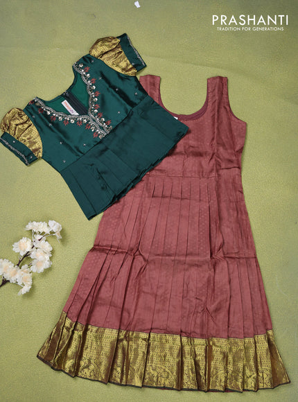 Pure silk kids lehenga dark green and brown with beaded work neck pattern and puff sleeve & zari woven border for 5 years