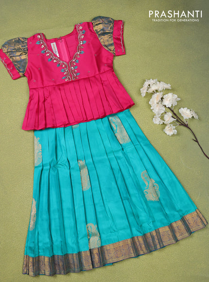Pure silk kids lehenga pink and teal shade with beaded work neck pattern and puff sleeve & zari woven border for 5 years