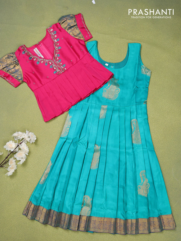 Pure silk kids lehenga pink and teal shade with beaded work neck pattern and puff sleeve & zari woven border for 5 years