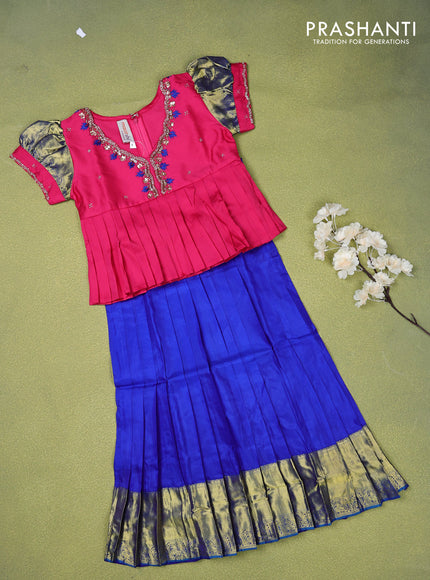 Pure silk kids lehenga pink and blue with beaded work neck pattern and puff sleeve & zari woven border for 5 years