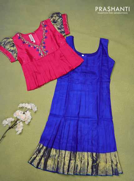 Pure silk kids lehenga pink and blue with beaded work neck pattern and puff sleeve & zari woven border for 5 years