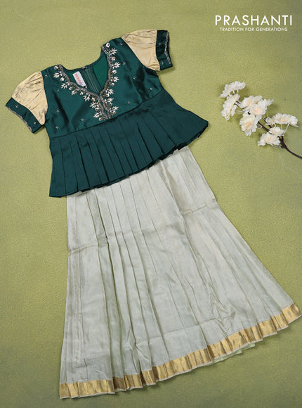 Pure silk kids lehenga bottle green and elaichi green with beaded work neck pattern and puff sleeve & zari woven border for 5 years