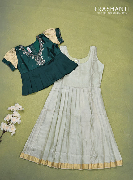 Pure silk kids lehenga bottle green and elaichi green with beaded work neck pattern and puff sleeve & zari woven border for 5 years