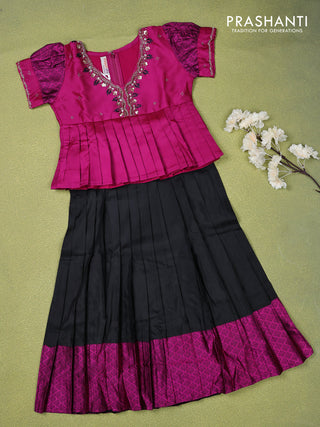 Pure silk kids lehenga magenta pink and black with beaded work neck pattern and puff sleeve & zari woven border for 5 years