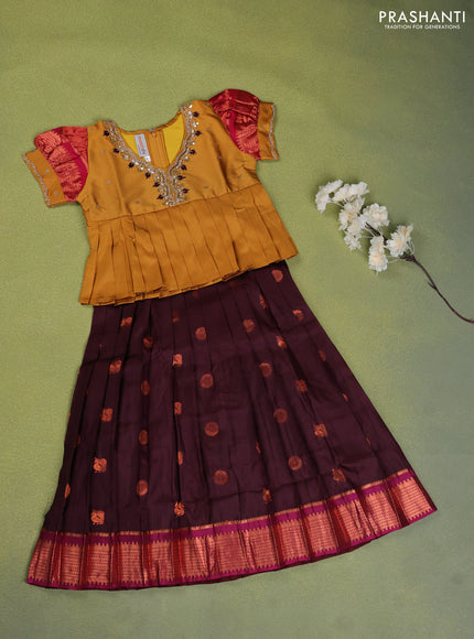 Pure silk kids lehenga mustard shade and wine shade with embroidery beads work neck pattern & puff sleeve and zari woven border for 6 years
