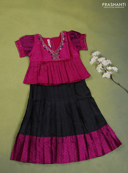 Pure silk kids lehenga magenta pink and black with beaded work neck pattern and puff sleeve & zari woven border for 6 years