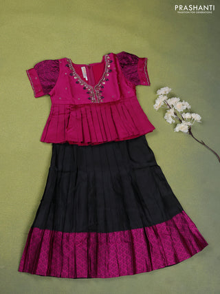 Pure silk kids lehenga magenta pink and black with beaded work neck pattern and puff sleeve & zari woven border for 6 years