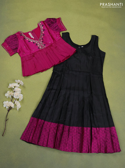 Pure silk kids lehenga magenta pink and black with beaded work neck pattern and puff sleeve & zari woven border for 6 years
