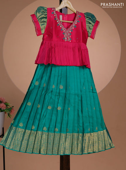 Pure silk kids lehenga pink and green with embroidery beads work neck pattern & puff sleeve and zari woven border for 7 year