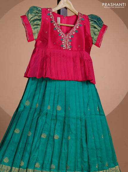 Pure silk kids lehenga pink and green with embroidery beads work neck pattern & puff sleeve and zari woven border for 7 year