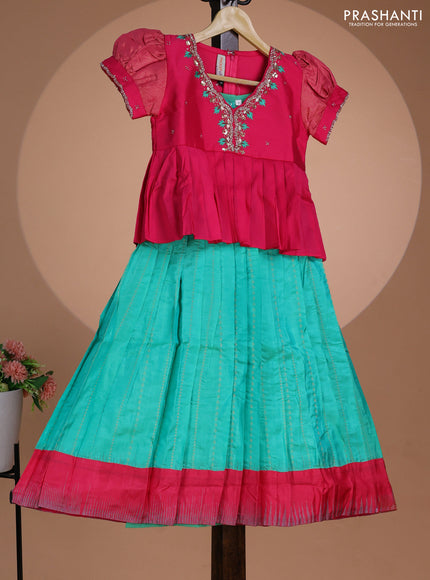 Pure silk kids lehenga pink and teal green with embroidery beads work neck pattern & puff sleeve and zari woven border for 7 year