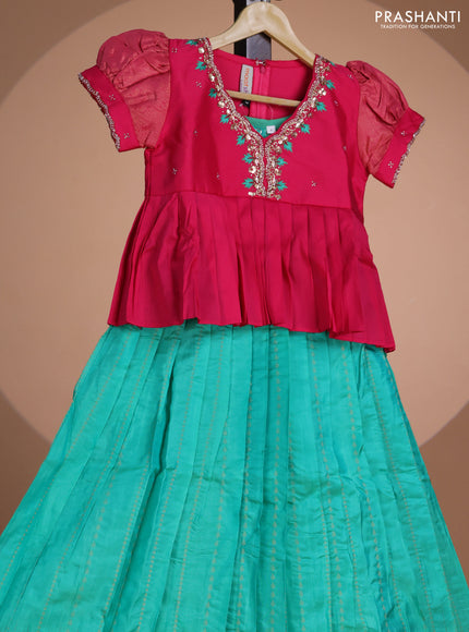Pure silk kids lehenga pink and teal green with embroidery beads work neck pattern & puff sleeve and zari woven border for 7 year