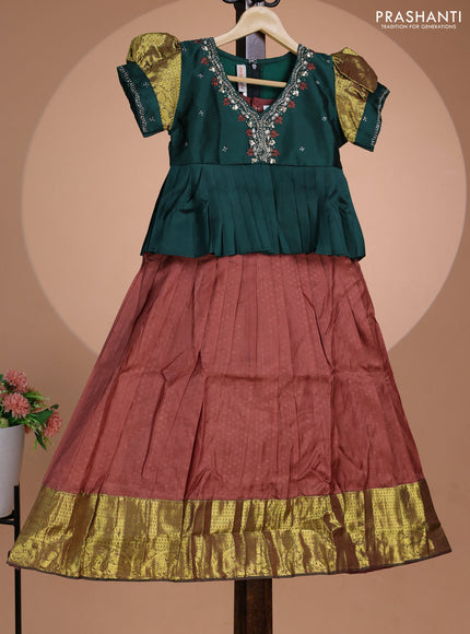 Pure silk kids lehenga bottle green and brown with embroidery beads work neck pattern & puff sleeve and zari woven border for 7 year
