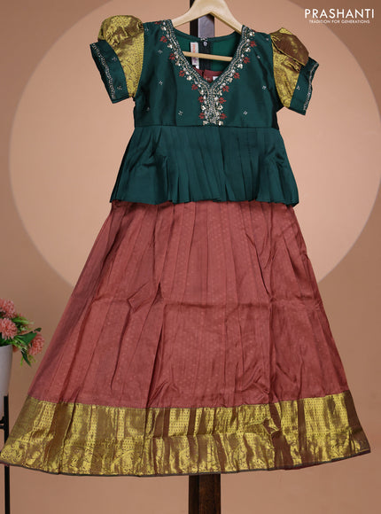 Pure silk kids lehenga bottle green and brown with embroidery beads work neck pattern & puff sleeve and zari woven border for 7 year
