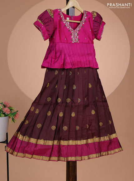Pure silk kids lehenga magenta pink and brown with embroidery beads work neck pattern & puff sleeve and zari woven border for 7 year