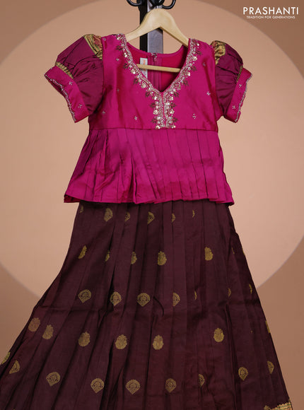 Pure silk kids lehenga magenta pink and brown with embroidery beads work neck pattern & puff sleeve and zari woven border for 7 year