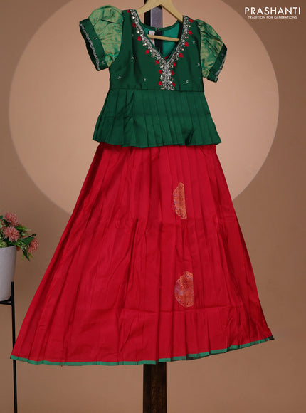 Pure silk kids lehenga green and red with embroidery beads work neck pattern & puff sleeve and zari woven border for 8 year