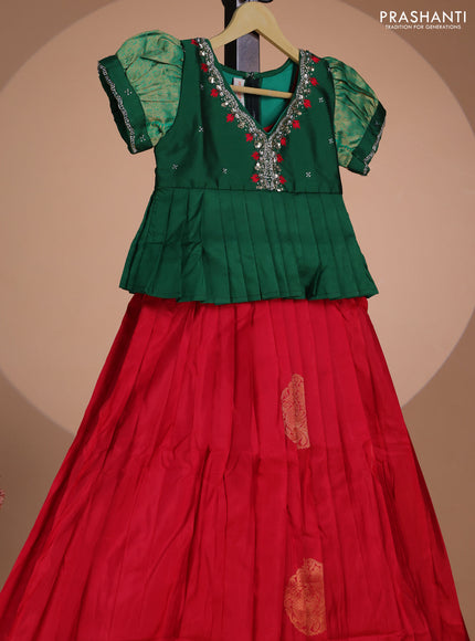 Pure silk kids lehenga green and red with embroidery beads work neck pattern & puff sleeve and zari woven border for 8 year