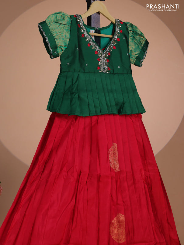 Pure silk kids lehenga green and red with embroidery beads work neck pattern & puff sleeve and zari woven border for 8 year