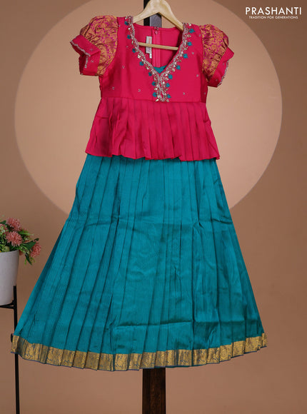 Pure silk kids lehenga pink and teal green with embroidery beads work neck pattern & puff sleeve and zari woven border for 8 year