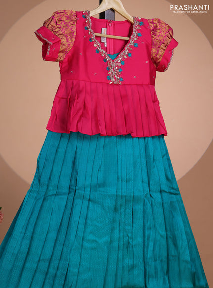Pure silk kids lehenga pink and teal green with embroidery beads work neck pattern & puff sleeve and zari woven border for 8 year