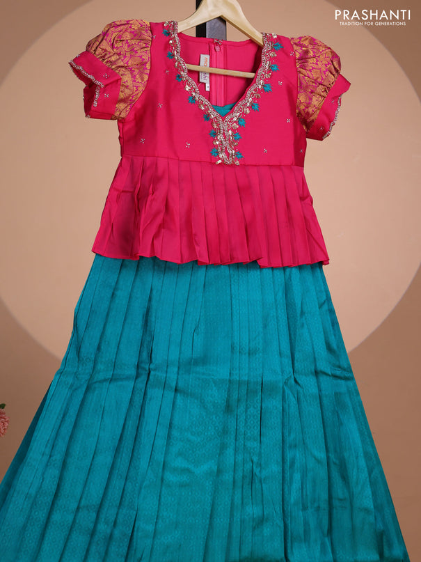 Pure silk kids lehenga pink and teal green with embroidery beads work neck pattern & puff sleeve and zari woven border for 8 year