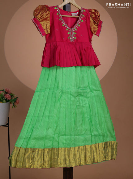 Pure silk kids lehenga pink and green with embroidery beads work neck pattern & puff sleeve and self emboss &zari woven border for 10 year
