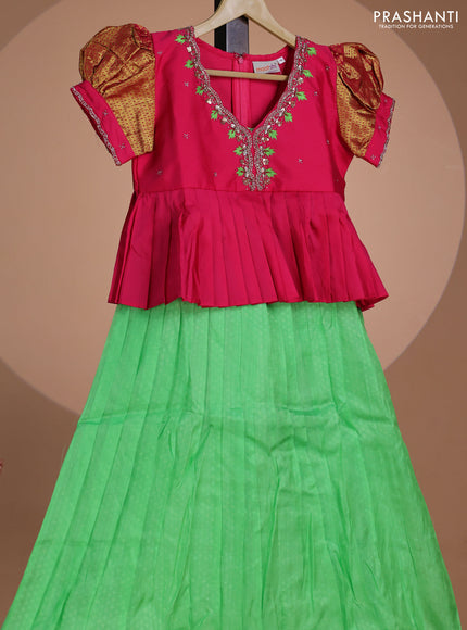 Pure silk kids lehenga pink and green with embroidery beads work neck pattern & puff sleeve and self emboss &zari woven border for 10 year