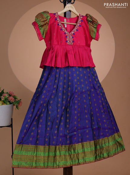Pure silk kids lehenga pink and dual shade of blue with embroidery beads work neck pattern & puff sleeve and thread woven border for 10 year