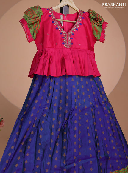 Pure silk kids lehenga pink and dual shade of blue with embroidery beads work neck pattern & puff sleeve and thread woven border for 10 year